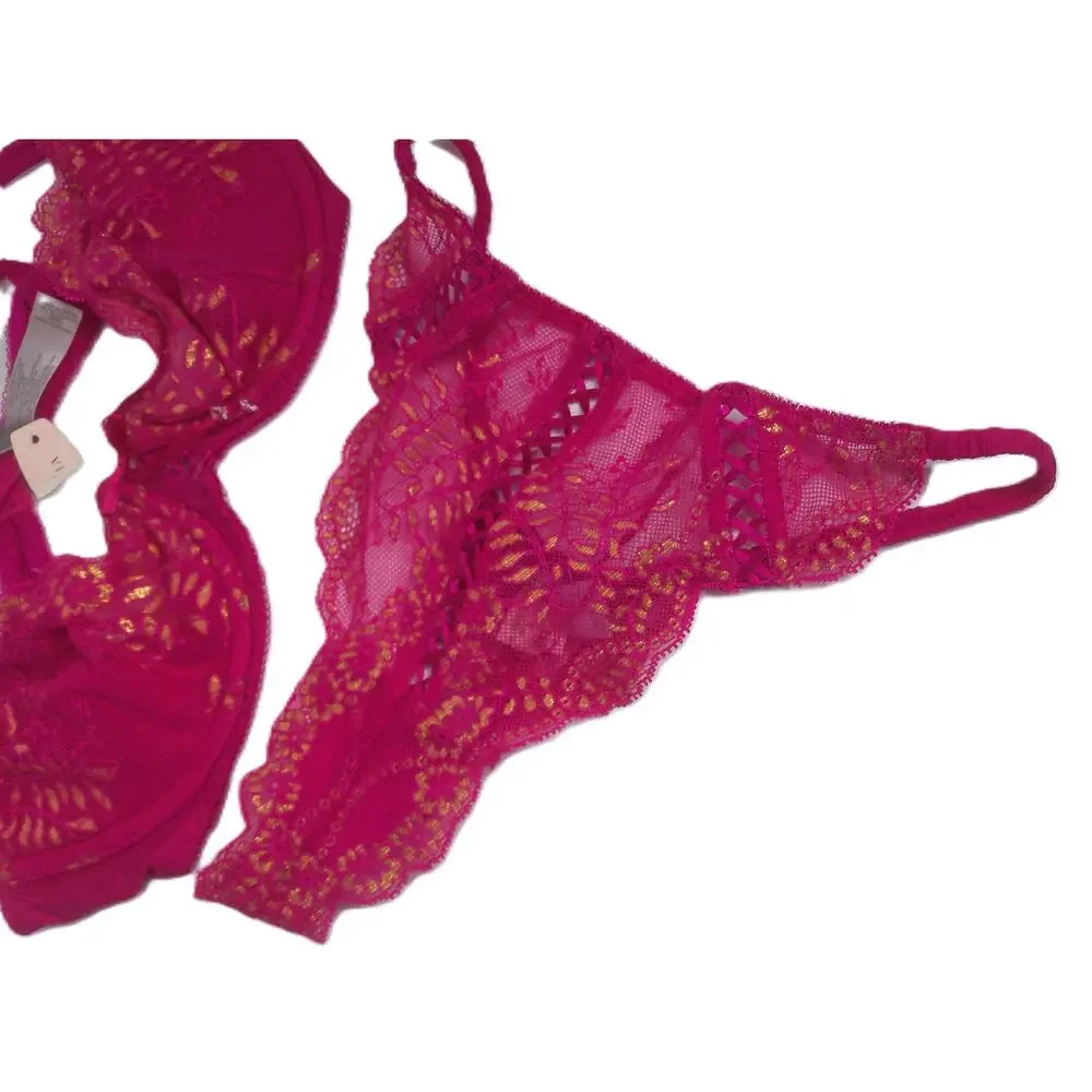 Victoria's Secret Y2K Coquette Pink Gold Crystal Lace Bra Set 36B Thong Large
